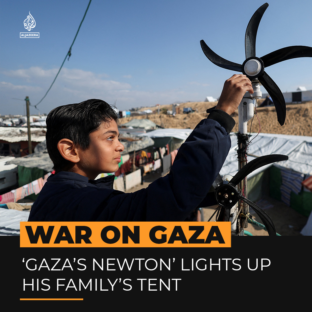 Hussam Al-Attar, a 15-year-old Palestinian boy, has been dubbed ‘Gaza’s Newton’. He’s successfully generated electricity, using scrap items to light up his displaced family’s tent ⤵️