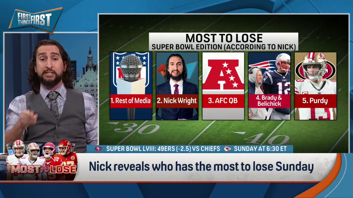 The Most to Lose from Super Bowl LVIII, according to nick wright. And yes, he added himself to the list again 🤣