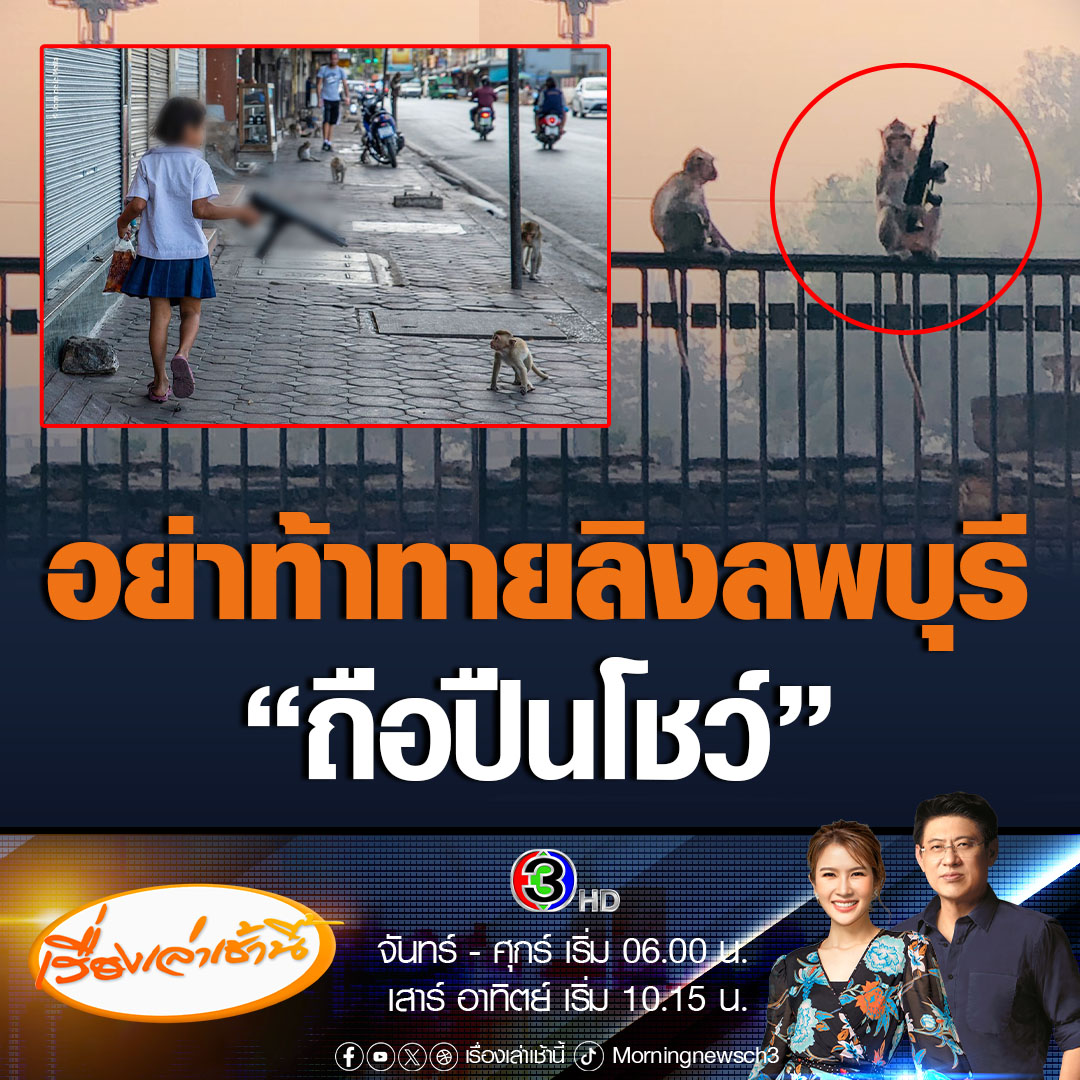 #เรื่องเล่าเช้านี้ ภาพเด็กไทยซื้ออาหาร เดินกลับบ้าน โดยต้องใช้ปืนปลอมขู่ไปที่ลิง เพื่อไม่ให้ลิงทำร้าย-ขโมยอาหาร จนเป็นภาพไวรัลและได้รับรางวัล ขณะเดียวกันก็มีภาพลิงนั่งถือปืนออกมาเช่นเดียวกัน #ข่าวช่อง3 #ข่าวภูมิภาค #ลพบุรี #ลิงลพบุรี
