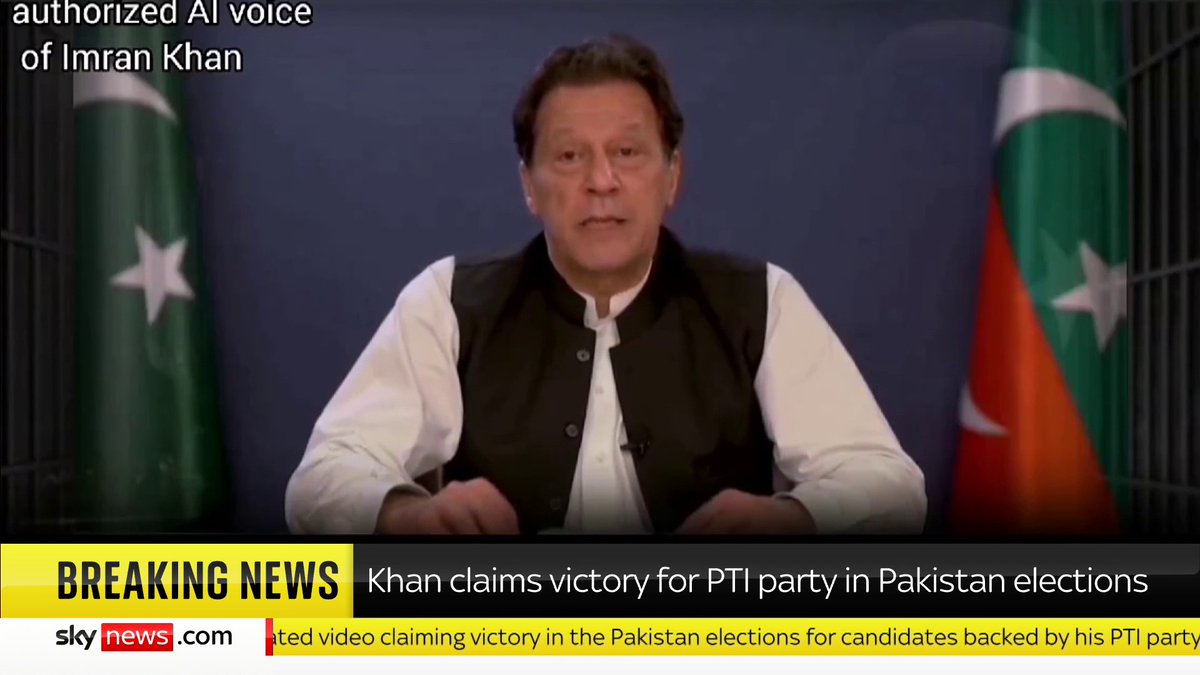 BREAKING: Jailed former prime minister of Pakistan Imran Khan uses AI video to claim victory for PTI party in Pakistan elections Virgin 602, Freeview 233 and YouTube