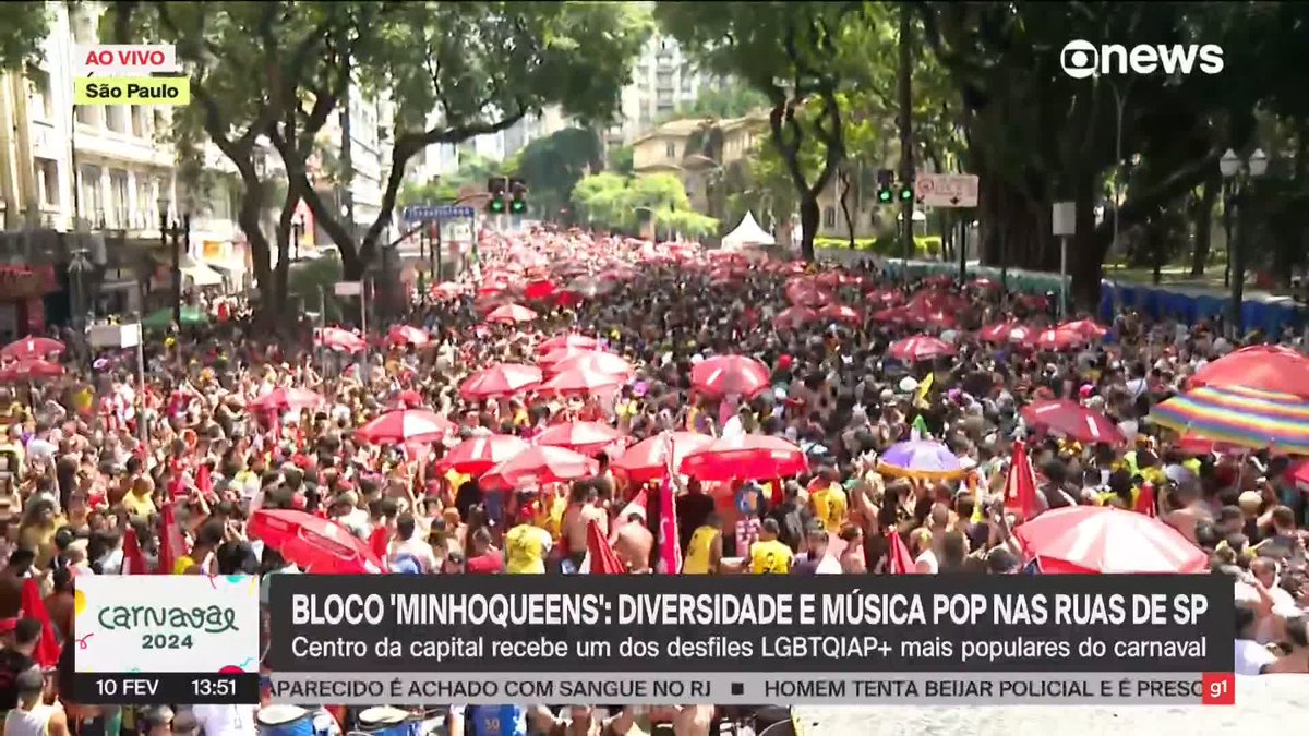 AO VIVO: o Minhoqueens, um dos blocos LGBTQIA+ mais populares do carnaval de São Paulo desfila no Centro da cidade. ➡️Assista na #GloboNews: #carnaval