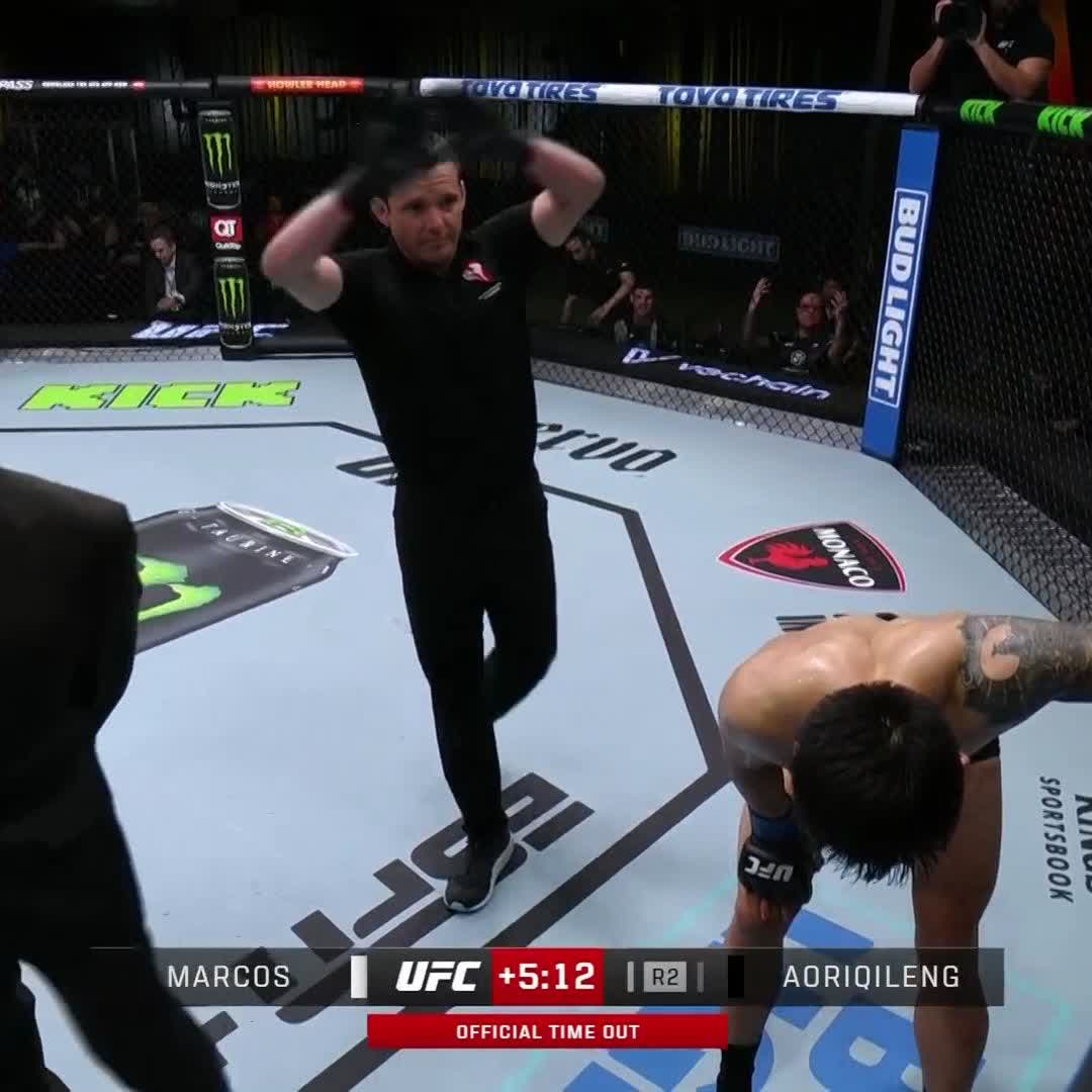 Our first fight of the night ends early. Aoriqileng is unable to continue after an accidental low blow #UFCVegas86