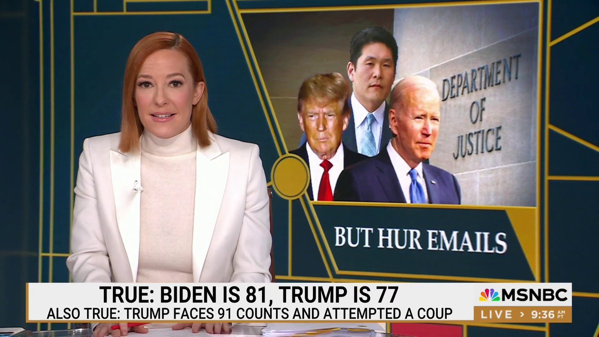 True: Biden is 81, Trump is 77 Also true: Trump is facing 91 criminal counts and attempted a coup Jen Psaki: “If we continue to focus on questions like who is the bigger gaffe machine...then we are all doing something very wrong. That is not what this election is about.”