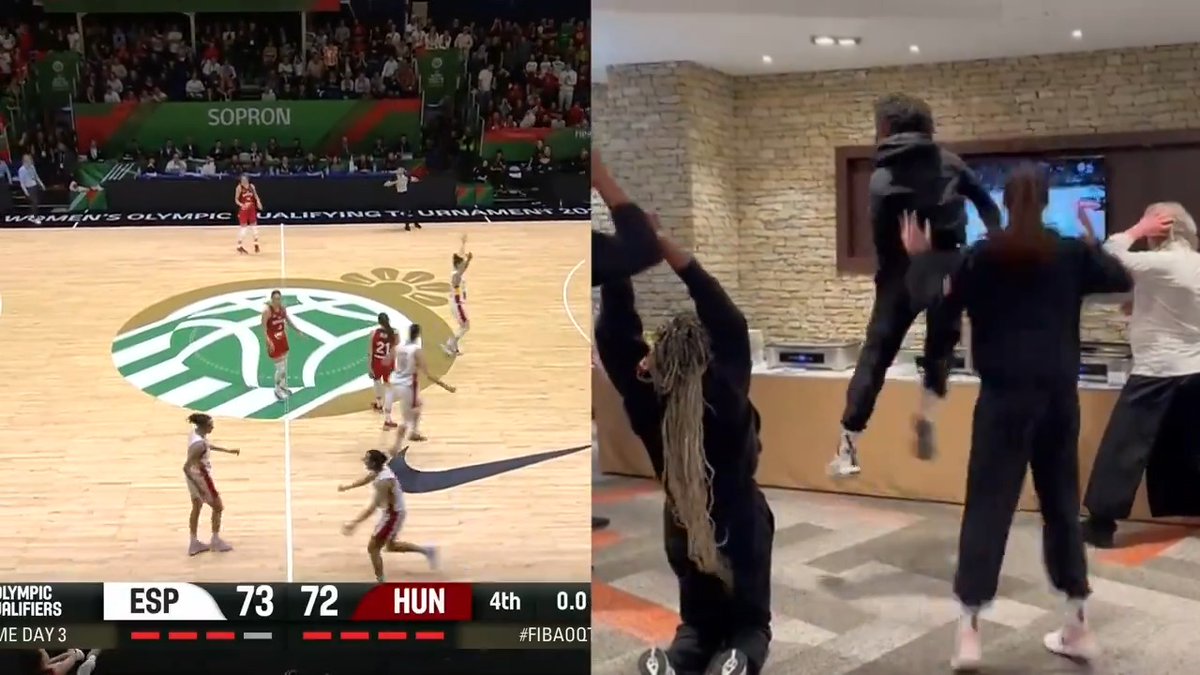 AMAZING 🤯 Canada 🇨🇦 players watched Spain erase 22-point deficit against Hungary as their Olympic dreams come true! 🥳 #FIBAOQT