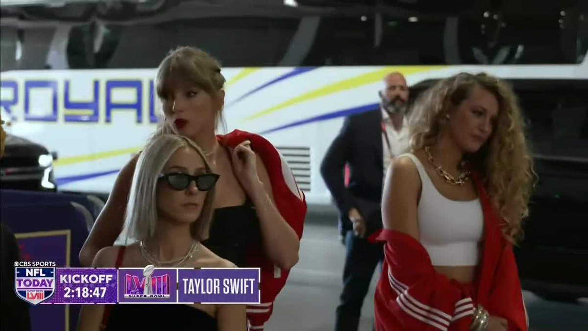 Taylor Swift arrives at the #SuperBowl with Ice Spice and Blake Lively.