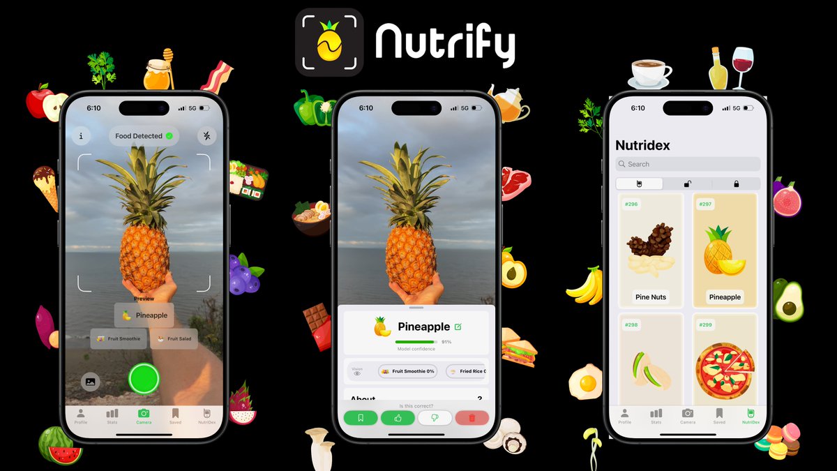 My brother and I just launched an app! Nutrify, a Pokédex for food 📸 -> 🍍 Nutrify uses computer vision to identify different foods and display information about them. Try it on the iOS App Store for free today! Check out the launch video too! (more links below)