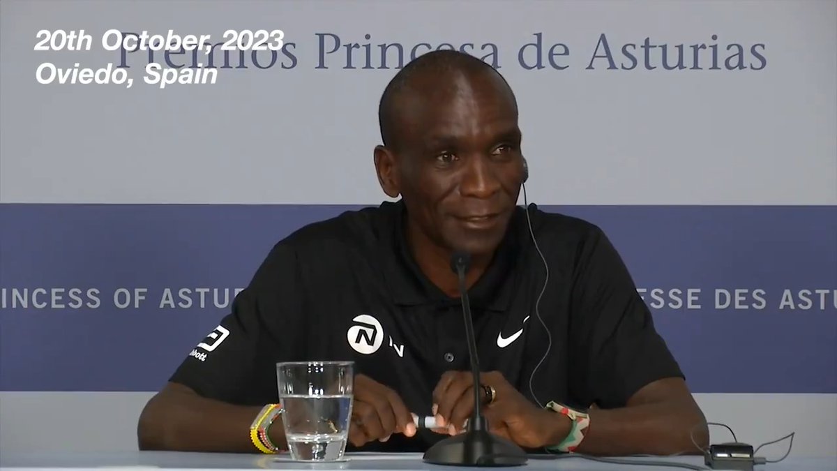 Eliud Kipchoge celebrated Kelvin Kiptum breaking the marathon world record at an international press conference in Spain. "I was not surprised, and happy to see the record broken," he said, calling it "the beauty of sport." This video is from October 2023