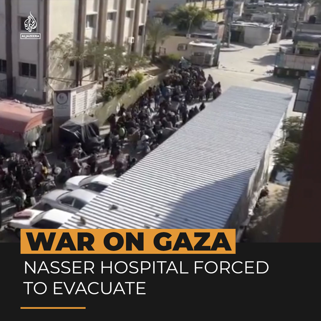 Dozens of Palestinians filmed leaving Nasser Hospital in Khan Younis after Israeli forces order evacuation. Israeli snipers fired on anyone who moved in the area, killing several people, say witnesses ⤵️