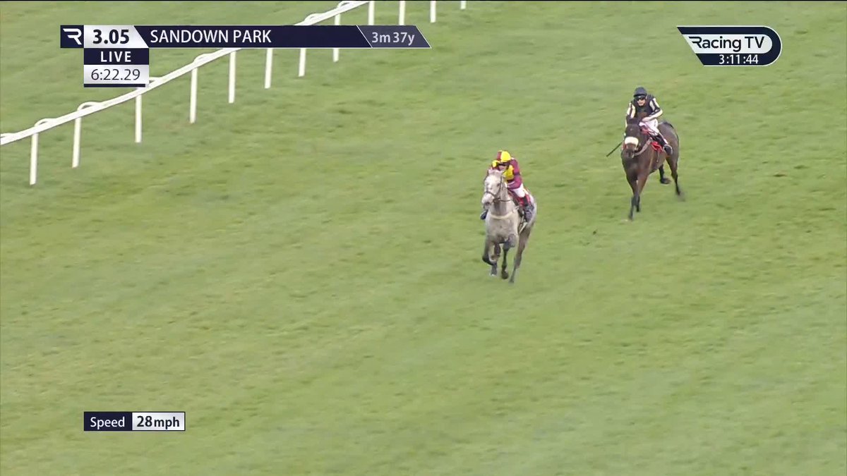 Military double ✔️ In-form grey Farceur Du Large completes the Grand Military/Royal Artillery Gold Cup double as he stays on strongly up the Sandown Park hill under Will Kellard. Jamie Snowden won this race four times as a jockey and he's now won it as a trainer 🟡🔴