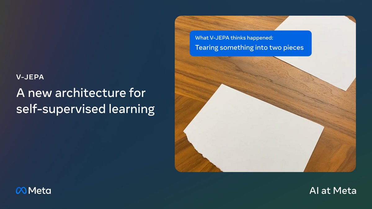 Today we’re releasing V-JEPA, a method for teaching machines to understand and model the physical world by watching videos. This work is another important step towards Yann LeCun’s outlined vision of AI models that use a learned understanding of the world to plan, reason and accomplish complex tasks. Details ➡️ We're releasing a collection of V-JEPA vision models trained with a feature prediction objective using self-supervised learning. The models are able to understand and predict what is going on in a video, even with limited information. It learns by predicting missing or obscured parts of a video in its internal feature space. Unlike generative approaches that fill in missing pixels, this flexible approach enables up to 6x improvements in training and sample efficiency. The models were pre-trained on entirely unlabeled data, and a small amount of labeled data can be used to train a task-specific prediction head on top after pre-training. Our results show that, using a frozen backbone, our top V-JEPA models achieve 82.0% on Kinetics-400, 72.2% on Something-Something-v2 and 77.9% on ImageNet1K — competitive with or exceeding previous leading video models. We believe that this work is an important milestone on the path to advancing machine intelligence.