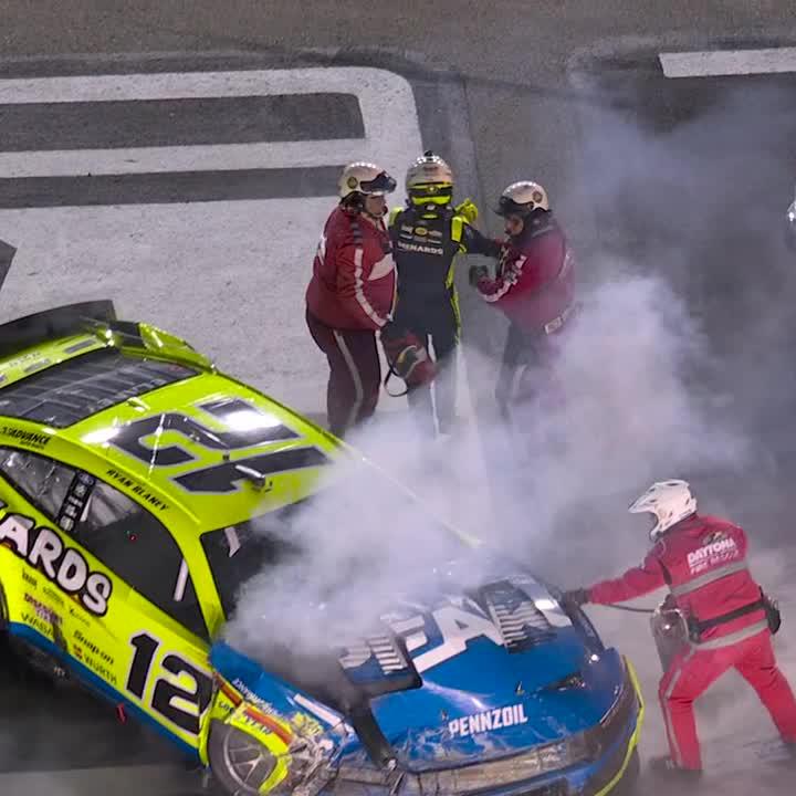 Trouble in the tri-oval! Ryan Blaney climbs from the vehicle safely after this crash in Duel No. 2!