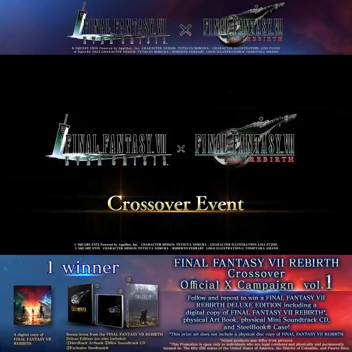 FINAL FANTASY VII REBIRTH Crossover Official X Campaign Vol. 1 Follow & repost for a chance to win a FINAL FANTASY VII REBIRTH DELUXE EDITION, including a digital copy of FFVII REBIRTH & the physical items that come with the set! Deadline: Feb. 19 6:59 AM PST #FF7R #FF7EC