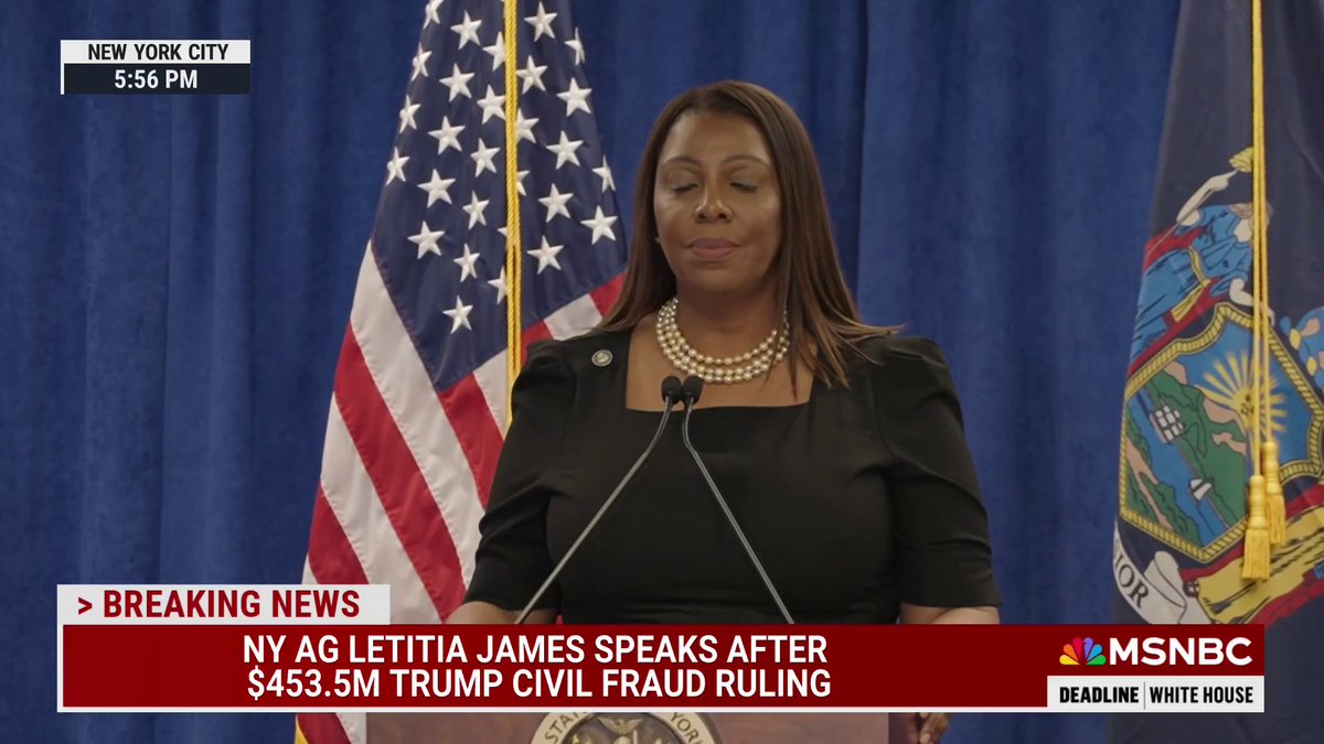 "Today we proved that no one is above the law — no matter how rich," New York Attorney General Letitia James says following Donald Trump's civil fraud ruling. "Donald Trump may have written The Art of the Deal, but he perfected the art of the steal."