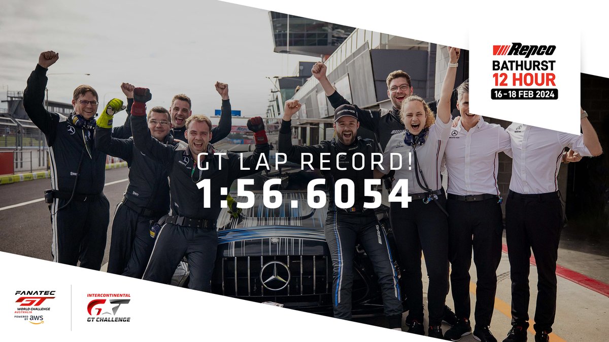 1:56.6054!!! Mercedes-AMG and Jules Gounon have smashed Mount Panorama’s GT lap record with their extreme GT3. That’s FOUR SECONDS under Maro Engel’s qualifying lap record from last year 🤯 #IGTC | #B12Hr 🦘