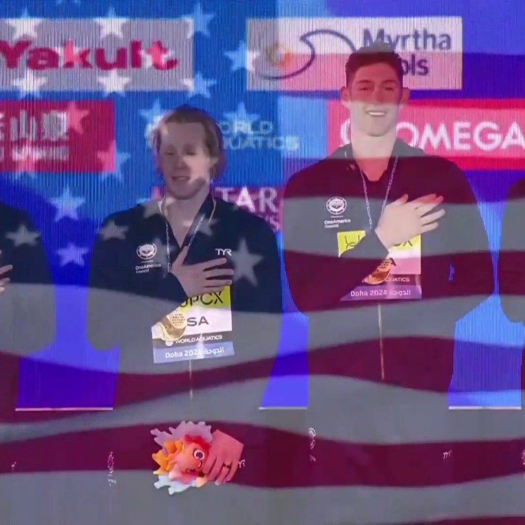 Men's 4x100m medley relay WORLD CHAMPIONS 🇺🇸🥇 The U.S. national anthem plays for the eighth time at #AQUADoha2024.