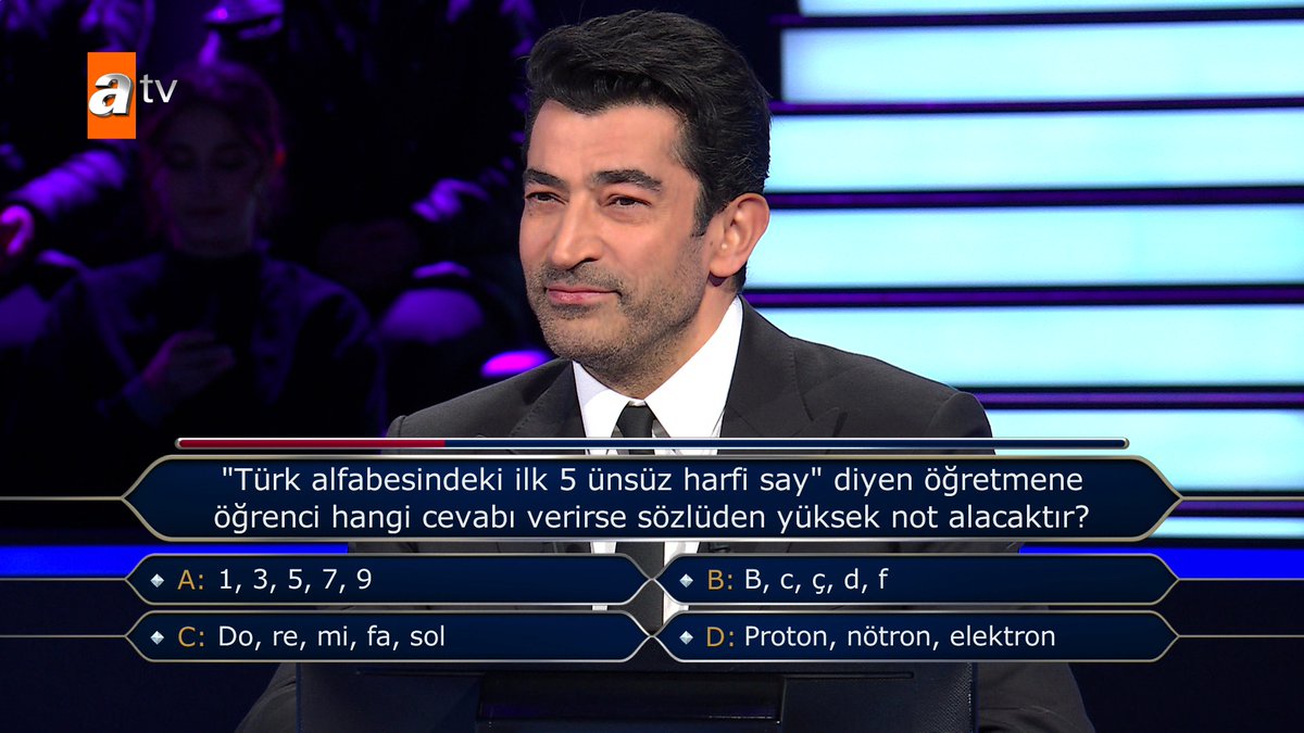 Milyoner yarışmasında bir yarışmacı, cevapların sadece birinde harflerin bulunduğu "Türk alfabesindeki ilk 5 ünsüz harf" sorusunda joker kullandı.