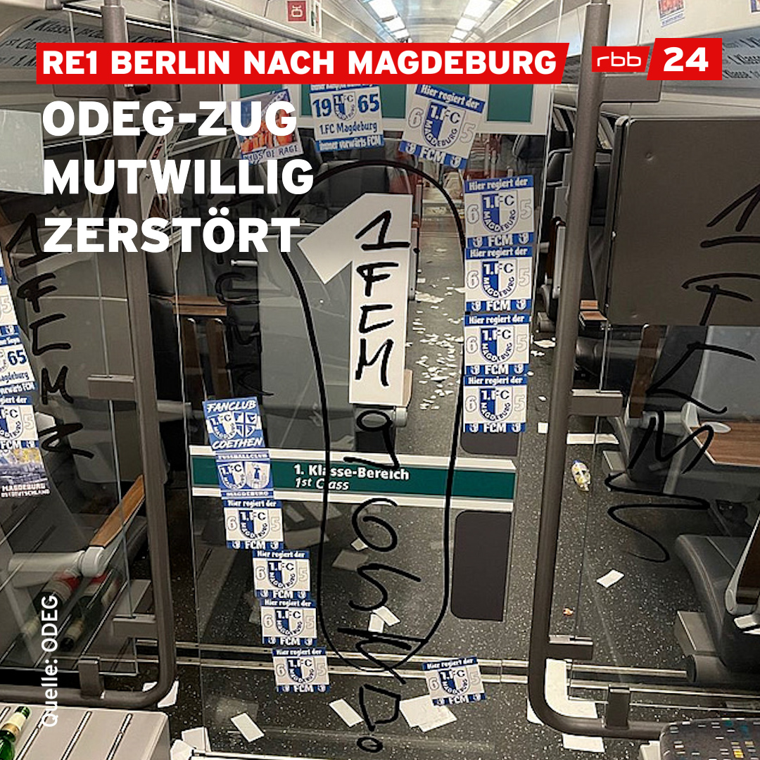 Fans des 1. FC Magdeburg haben auf der Rückreise vom Spiel gegen Hertha BSC in einem Zug der ODEG randaliert und zerstörte Lampen, Erbrochenes, Müll, Graffiti uvm. hinterlassen. Laut Zugführer waren die getätigten Falschnotrufe und der Feueralarm wegen Rauchens das Schlimmste.