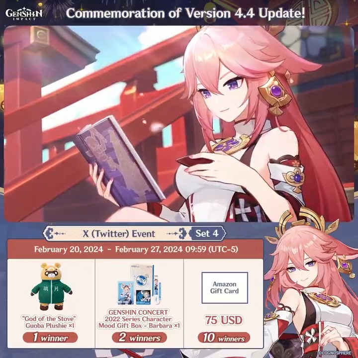 ✨Day 1✨ Commemoration of Version 4.4 Update! #GenshinImpact X (Twitter) Event - Set 4 How to Participate: ① Follow Genshin Impact ② Retweet this post And you can instantly check the event results via this link>>> #FollowGenshinImpact
