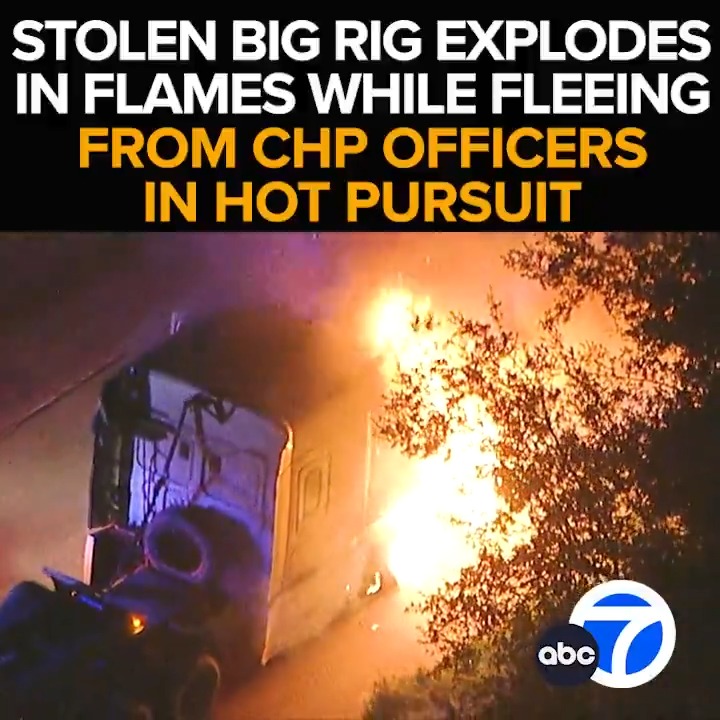 A fiery end to a late-night CHP chase as a fleeing driver in a stolen big rig keeps on trucking even though the rig keeps on burning. Eyewitness News with the chase, the fireball and the foot pursuit caught on camera. This morning at 6 from ABC7.
