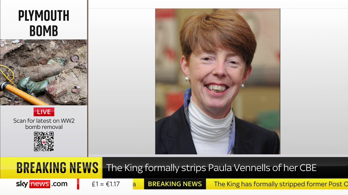 BREAKING: Paula Vennells, the former chief executive of the Post Office, has had her CBE stripped from her by the King for "bringing the honours system into disrepute". Read more: 📺 Sky 501, Virgin 602, Freeview 233 and YouTube