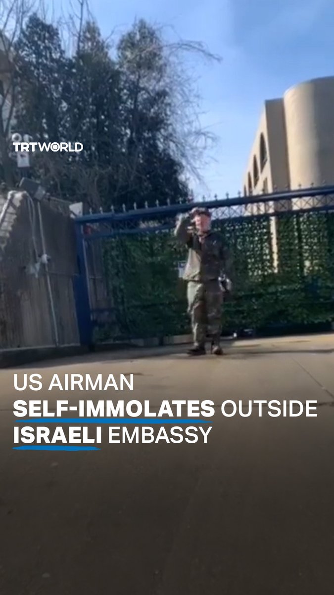 An active-duty member of the US Air Force set himself on fire outside the Israeli embassy in Washington DC, US, in protest of Tel Aviv’s war on Palestinians in Gaza. The man reportedly declared he would not be complicit in genocide and repeatedly shouted “Free Palestine” after self-immolating. According to local police, he is being treated for critical and life-threatening injuries