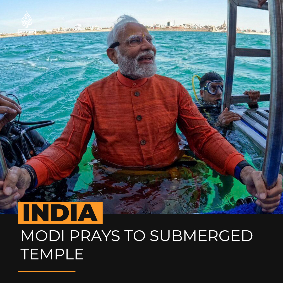 Indian PM Modi dived underwater to offer prayers at a site thought to be the ruins of a holy temple in an ancient, submerged city. Modi is hoping his Hindu nationalist agenda will propel him to victory in the 2024 general election ⤵️