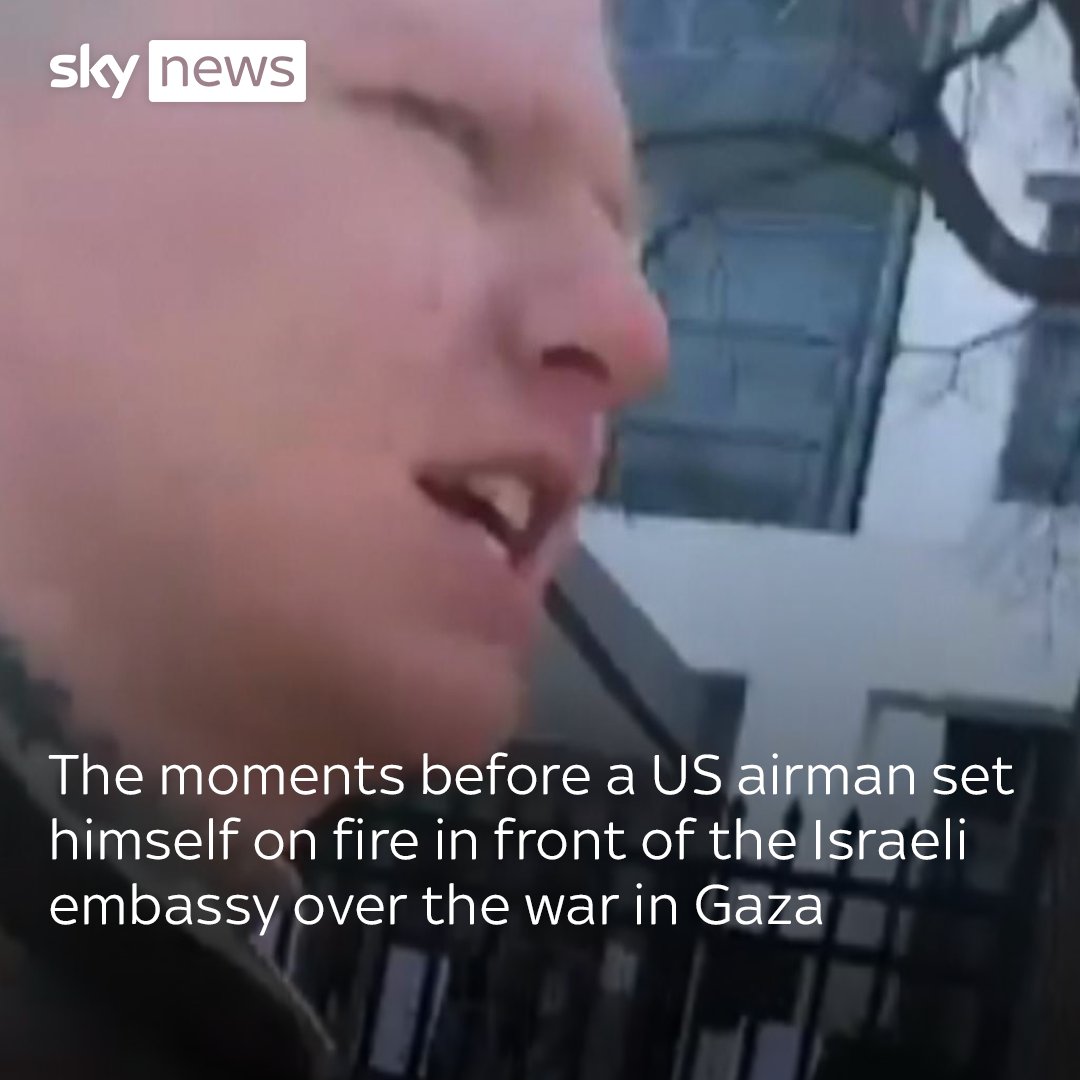 WARNING: This video shows the moments before a US airman set himself on fire in front of the Israeli embassy over the war in Gaza. Aaron Bushnell live-streamed his protest and later died in hospital from his injuries