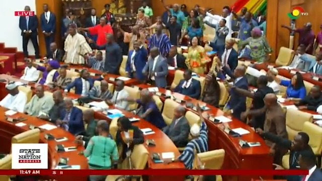 The minority caucus in parliament were in uproar after the Speaker of Parliament Alban Bagbin acknowledged the presence of former president John Mahama. They chanted "Woyɛ ya JM Bɛba" #TV3GH #SONA2024
