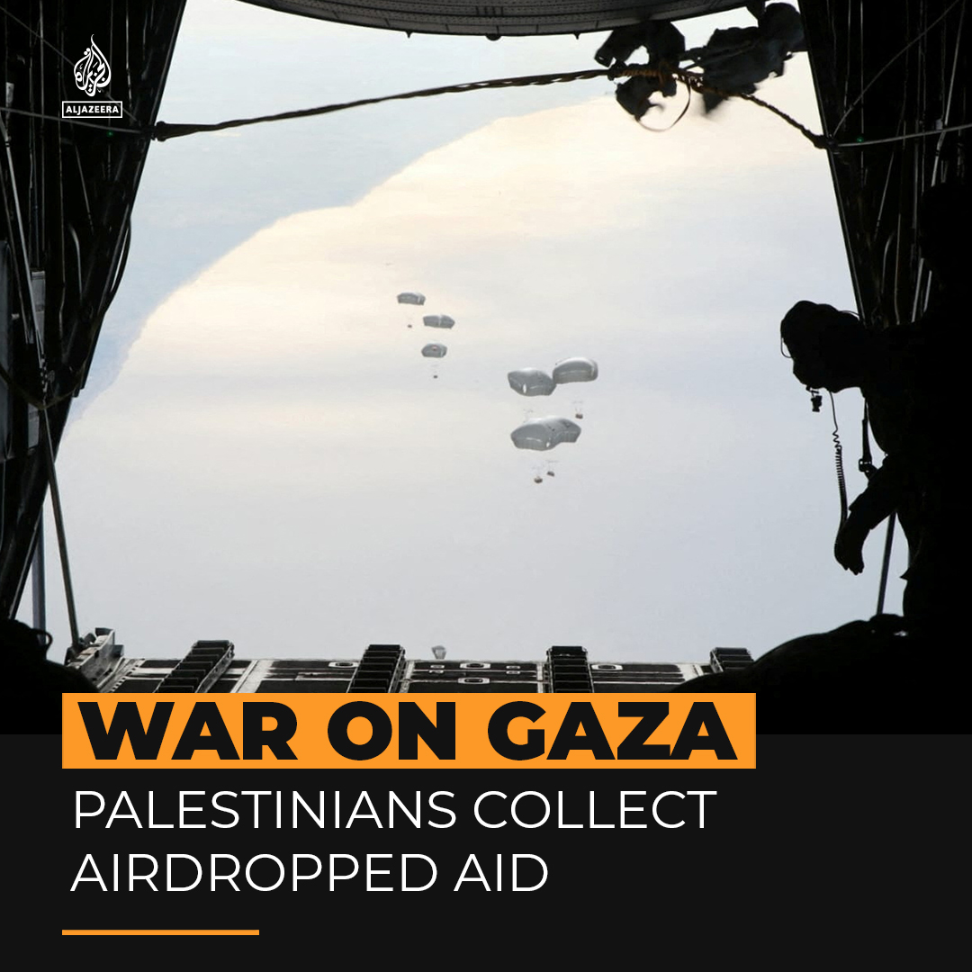 Thousands of Palestinians facing hunger and starvation in Gaza crowded onto a beach as Jordan’s military airdropped desperately needed aid ⤵️