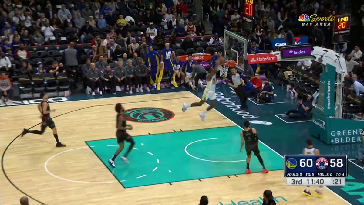 High-level sequence from Moses Moody. Tip away steal to stop a fastbreak and then behind the back save while diving into the front row to start a fastbreak. Leads to Kuminga alley oop. Moody also has three 3s tonight.