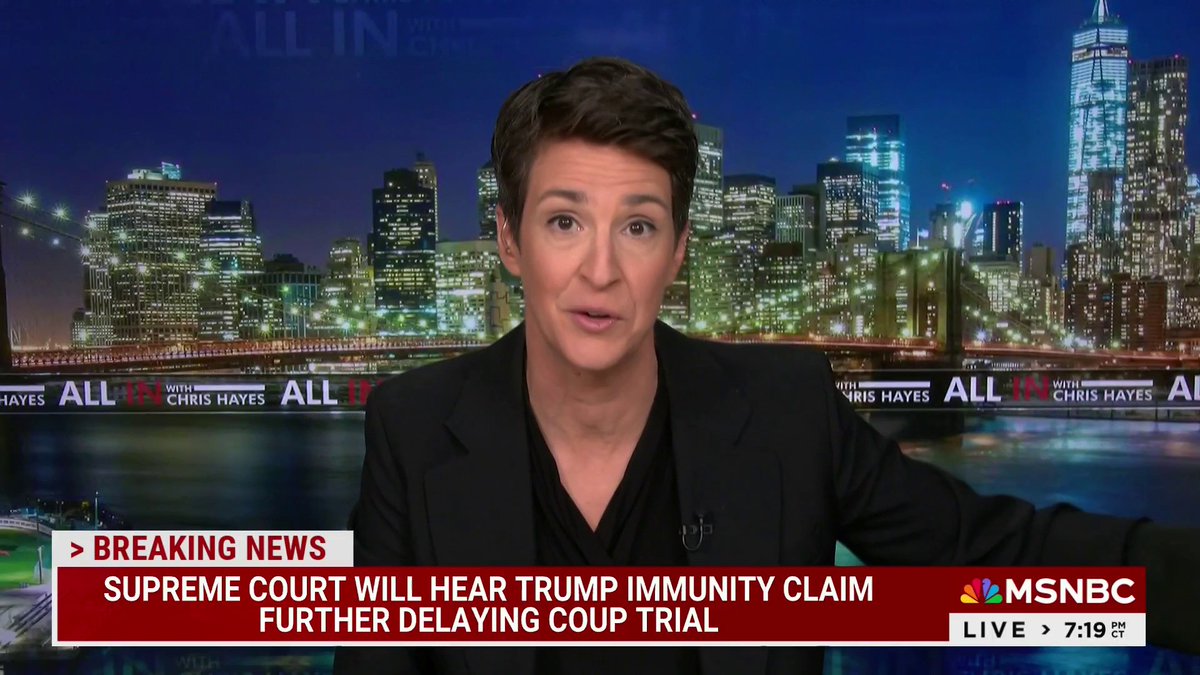 Rachel Maddow calls the Supreme Court's decision to hear the Trump immunity argument "B.S." She adds, "for you to say that this is something that the Court needs to decide because it's something that's unclear in the law is just flagrant, flagrant bull-pucky."