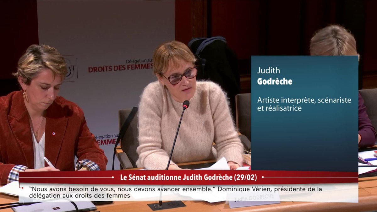 "Je me permets de vous demander de constituer une commission d’enquête contre les violences sexuelles et sexistes dans le cinéma, de demander le retrait de Dominique Boutonnat de la présidence du #CNC", appelle Judith Godrèche devant le #Sénat