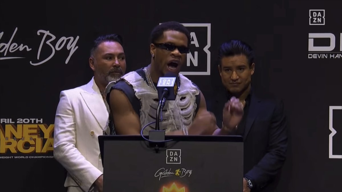 ‼️ Devin Haney going at it with Ryan Garcia's mother and father at today's press conference ahead of April 20th: "That sounds like some racist s***." [🎥 DAZN Boxing]