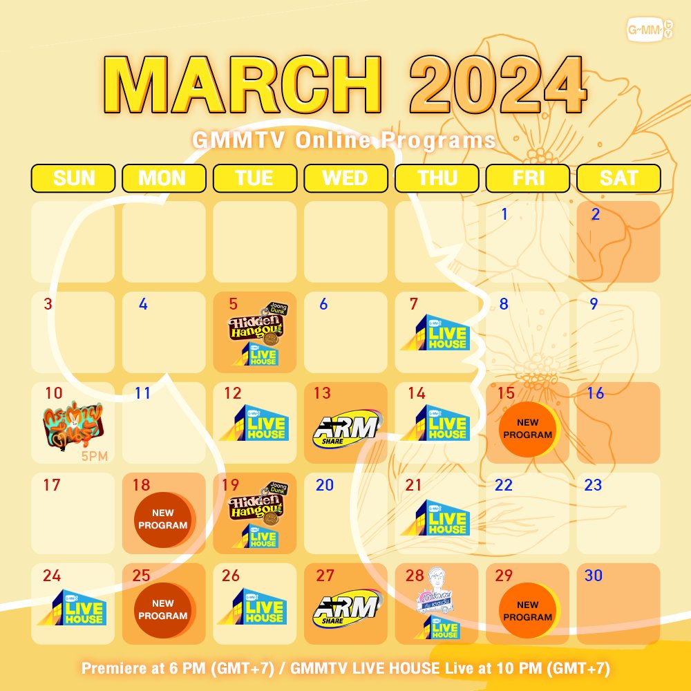 ตารางรายการออนไลน์จาก GMMTV ตลอดเดือน มีนาคม 2024 GMMTV ONLINE PROGRAMS : MARCH 2024 #ร้านลับกับจุงดัง #ARMSHARE #กระต่ายตื่นรู้ #เตร็ดเตร่กับเตตะวัน #NEWPROGRAM1 #NEWPROGRAM2 #GMMTVLIVEHOUSE