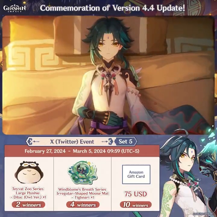 ✨Day 4✨ Commemoration of Version 4.4 Update! #GenshinImpact X (Twitter) Event - Set 5 How to Participate: ① Follow Genshin Impact ② Retweet this post And you can instantly check the event results via this link>>> #FollowGenshinImpact