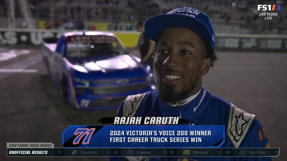 "Surreal ... I can't believe it." Talking with Rajah Kirby Caruth after his first career NASCAR Truck Series victory in Las Vegas. @NASCARonFOX