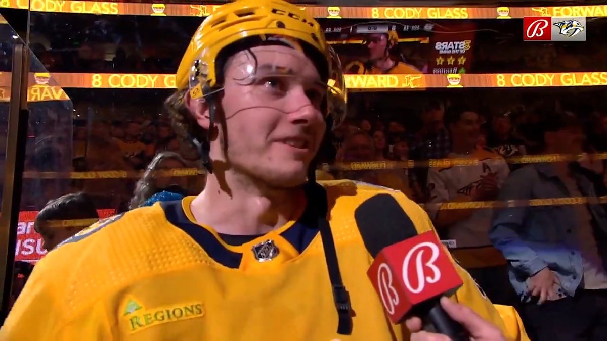 Wholesome hockey moment 💛 After scoring his first career hat trick, Cody Glass gets emotional in the postgame interview as Nashville Predators fans give him a standing ovation.