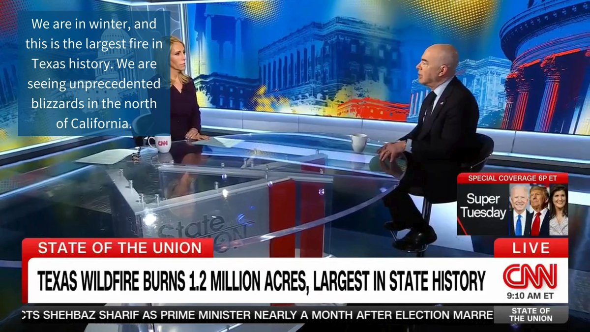 “We as a country and as a world have to be ready for the increasing effects of extreme weather caused by climate change.” ARCHIVED: Secretary Alejandro Mayorkas on State of the Union with Dana Bash talking about the historic wildfires currently burning in Texas.