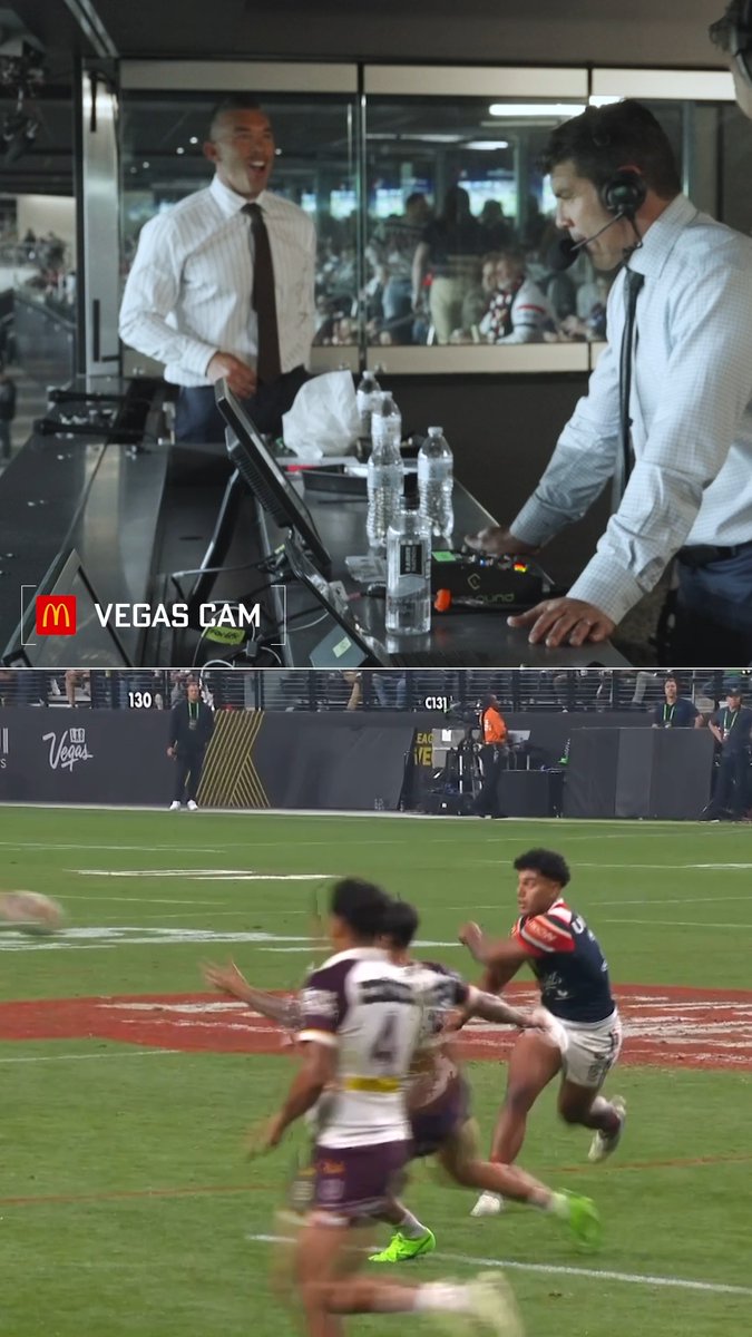 Braith just absolutely LOVED this insane flick pass from Joey Manu 😂 McDonald's Australia caught all the best moments from Las Vegas