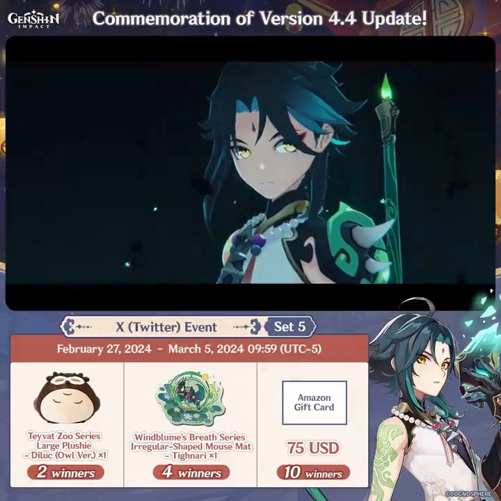 ✨Final Day✨ Commemoration of Version 4.4 Update! #GenshinImpact X (Twitter) Event - Set 5 How to Participate: ① Follow Genshin Impact ② Retweet this post And you can instantly check the event results via this link>>> #FollowGenshinImpact