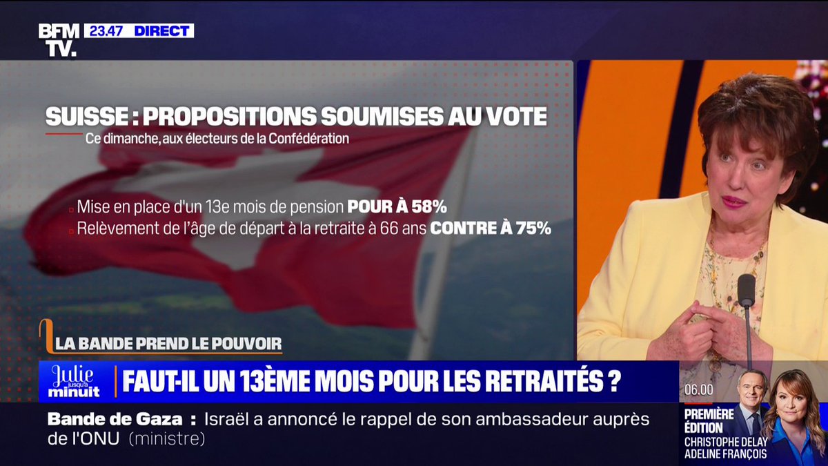Faut-il un treizième mois pour les retraités? ➡ La bande de "Julie jusqu'à minuit" réagit à l'instauration d'un treizième mois de retraite en Suisse après une votation populaire