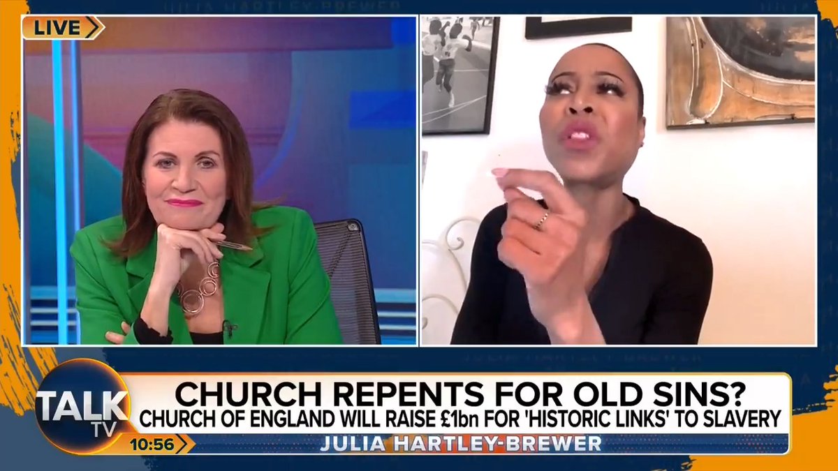Julia Hartley-Brewer furiously clashes with activist Imarn Ayton after being unable to speak during a discussion on slavery reparations. Imarn: "You're saying it to me because I'm black! Interesting." Julia: "She claims to be anti-racist but I'm not sure she is!" Julia Hartley-Brewer