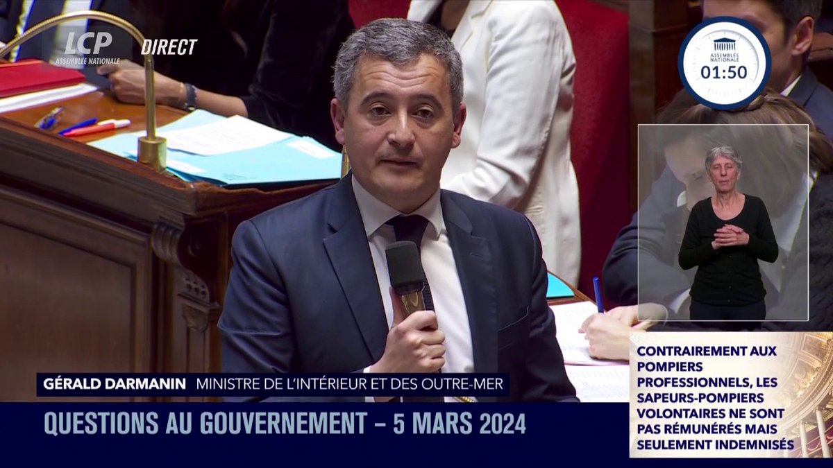 Sapeurs-pompiers : Gérald DARMANIN admet un "manque de financements". "La question se pose des moyens pour davantage de sapeurs-pompiers professionnels, sans remettre en cause le volontariat". #DirectAN #QAG