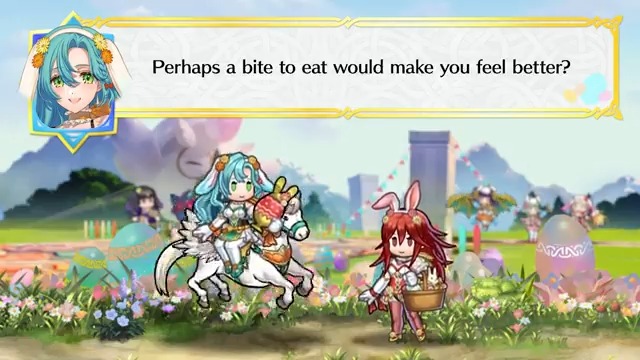 Chloé and Cordelia are both pegasus knights who have crossed over from different worlds to participate in the spring festival in matching bunny costumes. It looks like Cordelia is intrigued by Chloé's eating habits... Listen in to their conversation! #FEHeroes