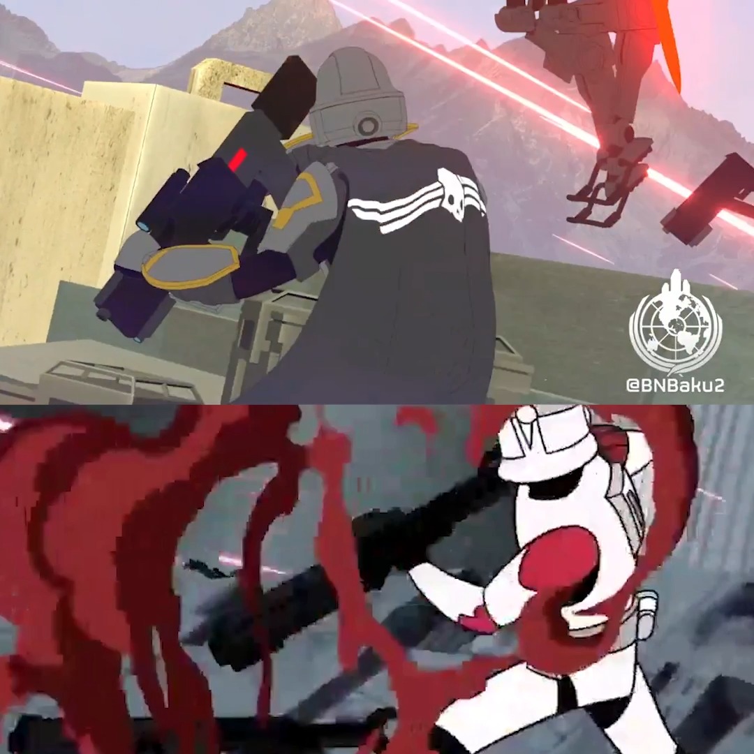 Animator BNBaku recreated an iconic shot from Genndy Tartakovsky's Star Wars: Clone Wars in a Helldivers 2 style.