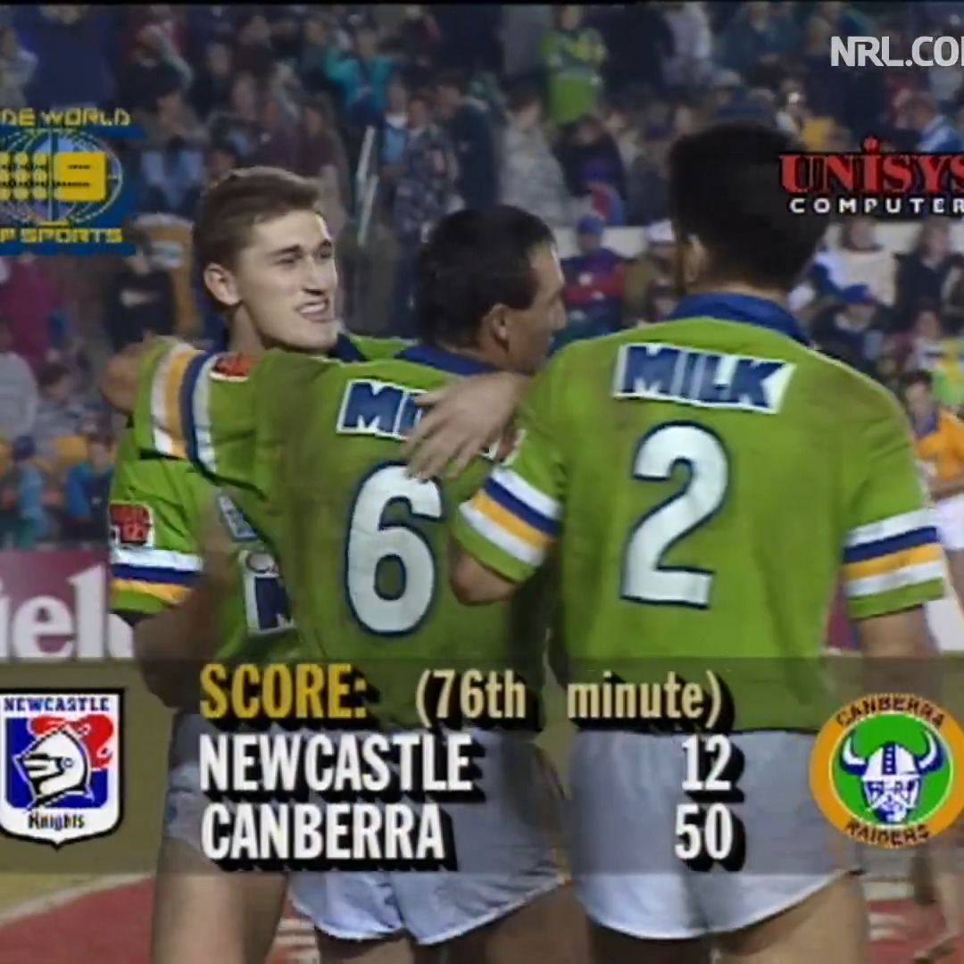 Sit back and enjoy ๐คฉ Throwing back to Brett Mullins' four tries against the Knights in 1994! #WeAreRaiders