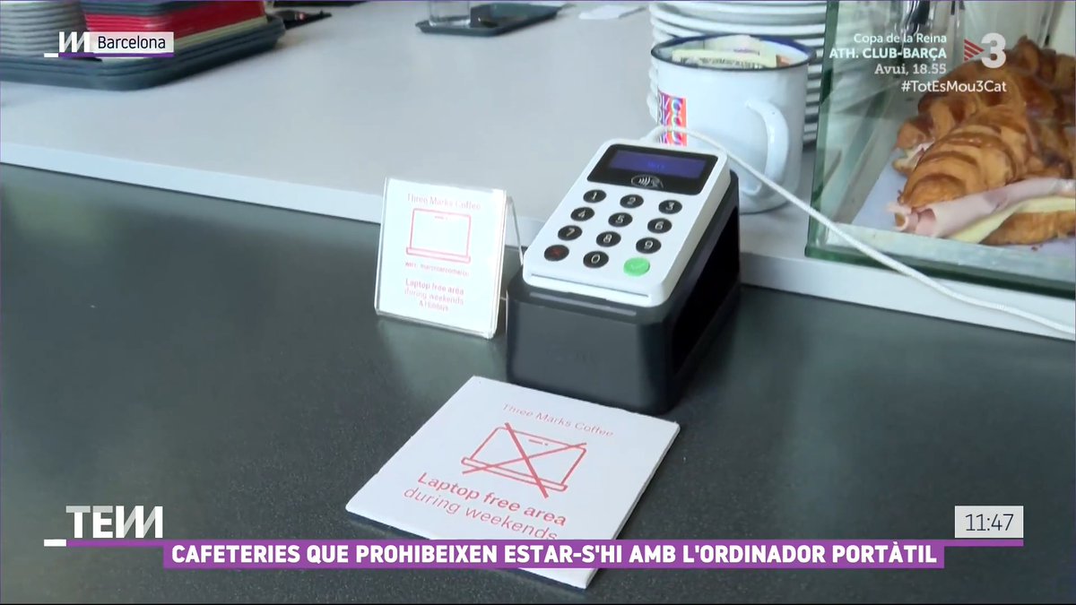 Veto al teletreball dels nòmades digitals a moltes cafeteries de Barcelona "Ens hem trobat que molta gent ve a treballar aquí i les taules queden ocupades amb gent que està amb l'ordinador en el seu propi món", Marc Aguyé Casademunt, copropietari Three Marks Coffee #TotEsMou3Cat