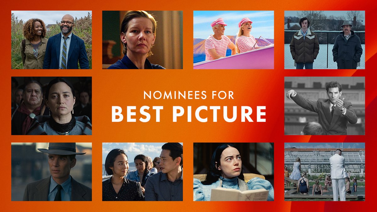 Presenting your Best Picture nominees for the 96th #Oscars... American Fiction, Anatomy of a Fall, Barbie, The Holdovers, Killers of the Flower Moon, Maestro, Oppenheimer, Past Lives, Poor Things and The Zone of Interest