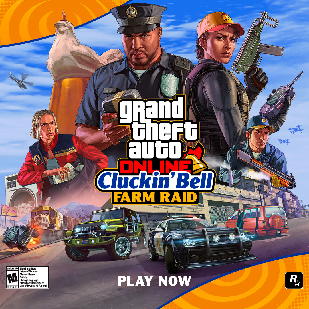 Corrupt cops. Killer cartels. The aroma of factory-farmed poultry. Take down an illegal narcotics operation in The Cluckin’ Bell Farm Raid — the newest action-packed update to GTA Online. Plus, claim a free Obey 8F Drafter sports car through March 18. Play now.