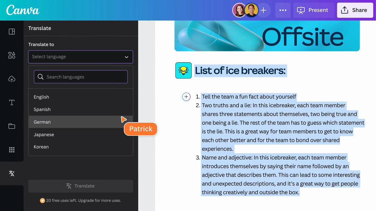 #CanvaTip of the day: You can now change the language of any design with our AI Translate tool! We've got over 100+ languages for you to choose from 😉